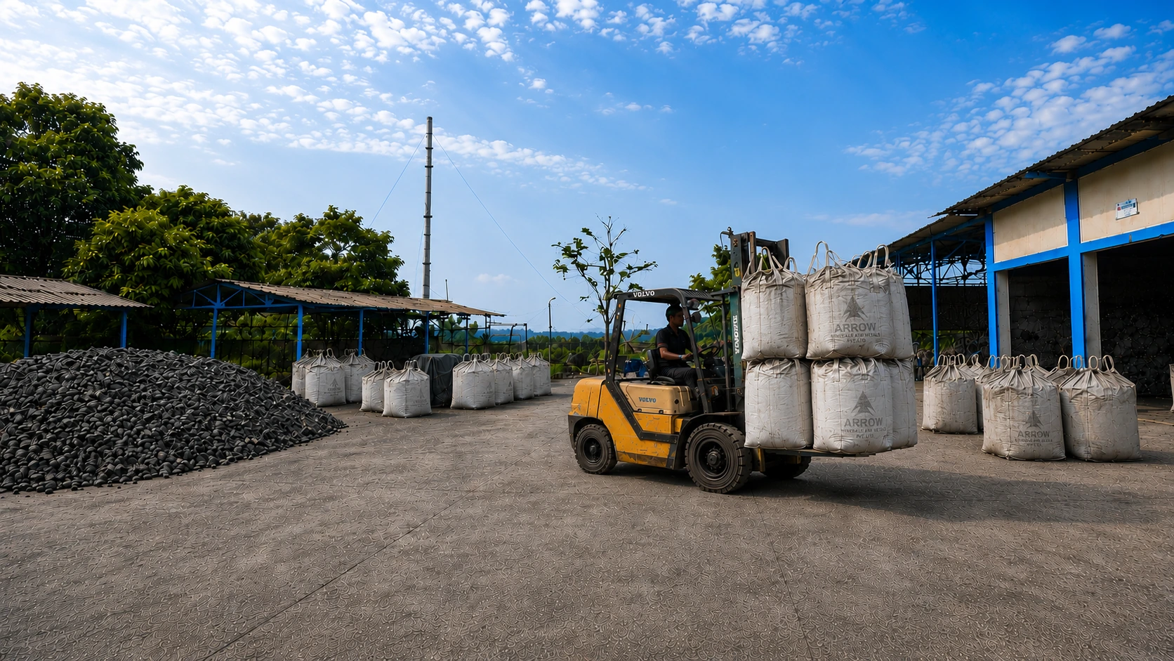 Arrow Minerals packaging yard with forklift loading bulk bags